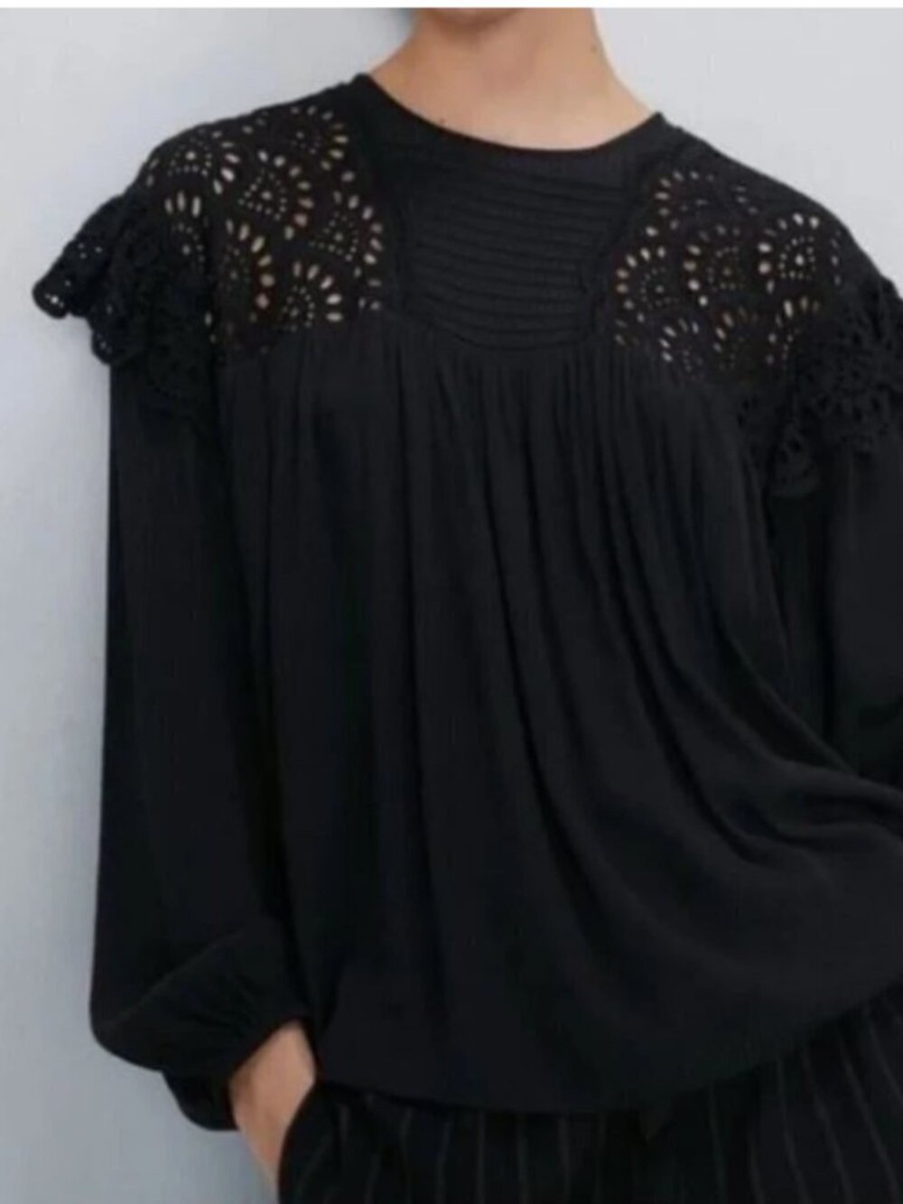 Zara Black Eyelet Long Sleeve top Blouse Size S